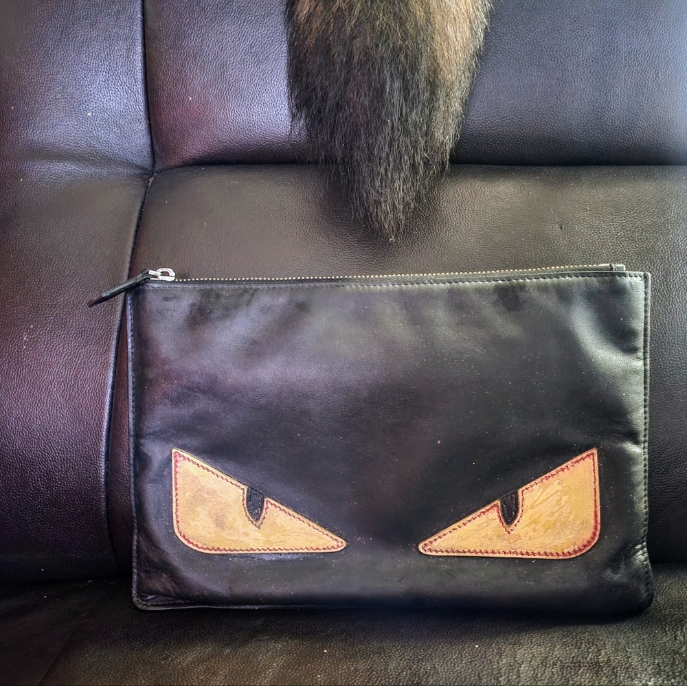 FENDI Vitello Elite Monster Eyes Pouch Black Yellow